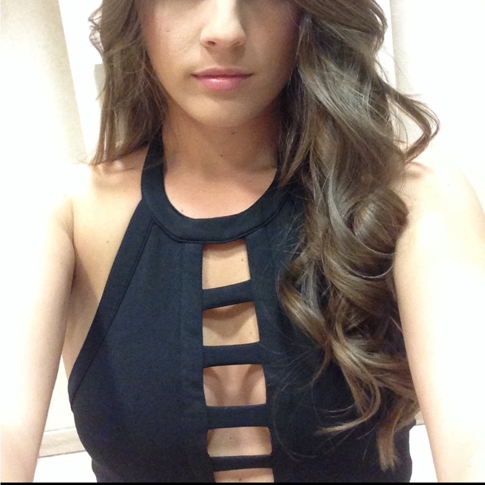 tobi black crop Top halter cutouts S Shirt Club Sexy RARE XS Going Out Dress